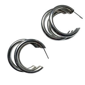 Men’s Hollow Triple Hoop Silver Tone Earrings Tri Hoop Earrings